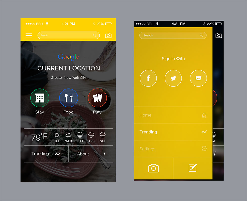 Mobile app interface for food and location.