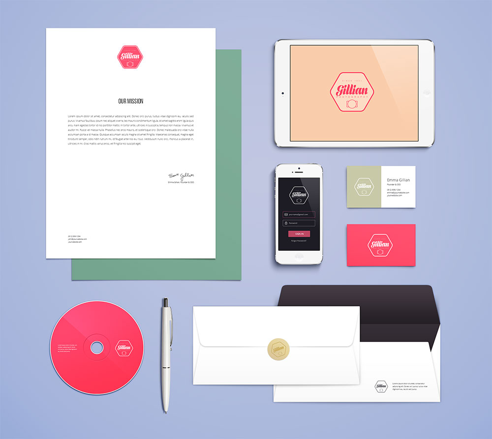Branding materials including letters and business cards.